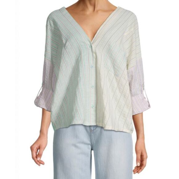 Fate Small S Yellow Green Pink Striped Button Down Shirt Patchwork V Neck V Back - Picture 10 of 10